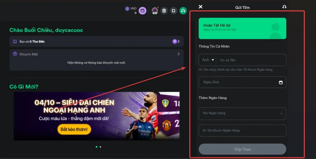Cung cấp dữ liệu khi gửi tiền lần đầu trên trang web